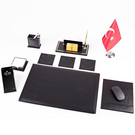 Optima 10 Parça Türk Bayraklı Siyah Deri Sümen Seti Takımı Gold Kalem Ofis Masa İsimliği İsimlik