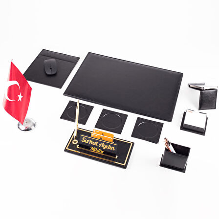 Optima 10 Parça Türk Bayraklı Siyah Deri Sümen Seti Takımı Gold Kalem Ofis Masa İsimliği İsimlik