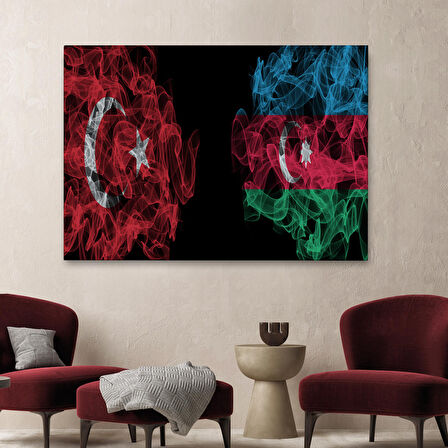 Türkiye Azerbaycan Bayrak Desenli Dekoratif Kanvas Tablo-6518