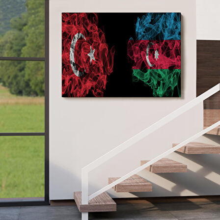 Türkiye Azerbaycan Bayrak Desenli Dekoratif Kanvas Tablo-6518