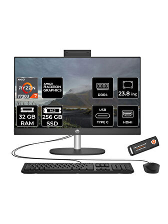 HP ProOne 245 G10 R7 7730U 32GB 256GB SSD 23.8" Full HD IPS FDOS All In One PC Siyah & PER4 Bellek