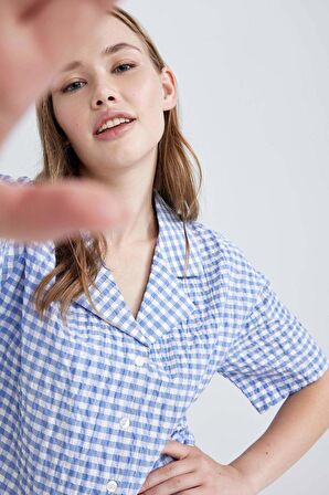 DeFacto Coool Oversize Pijama Yaka Krinkıl Pötikareli Kısa Kollu Gömlek B1857AX23HSBE553