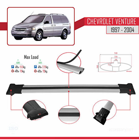 Chevrolet Venture 1997-2004 Arası ile Uyumlu FLY Model Ara Atkı Tavan Barı Gri 2 Adet