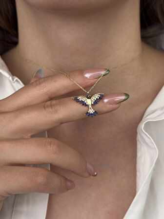 14 Ayar Altın Mavi Taşlı Anka Kuşu Kolye 874