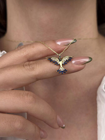 14 Ayar Altın Mavi Taşlı Anka Kuşu Kolye 874