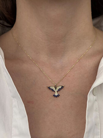 14 Ayar Altın Mavi Taşlı Anka Kuşu Kolye 874