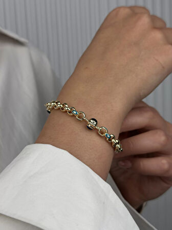 14 Ayar Altın Mavi Taşlı Nazar Boncuklu Bileklik 525