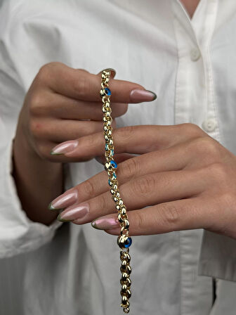 14 Ayar Altın Mavi Taşlı Nazar Boncuklu Bileklik 525