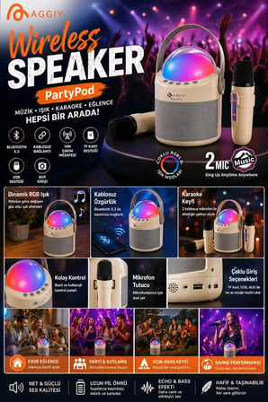 Partypod Bluetooth 5.3 Destekli Çok Fonksiyonlu Kablosuz Mikrofon Ve Hoparlör