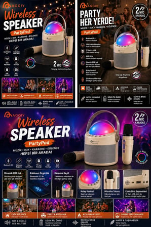 Partypod Bluetooth 5.3 Destekli Çok Fonksiyonlu Kablosuz Mikrofon Ve Hoparlör