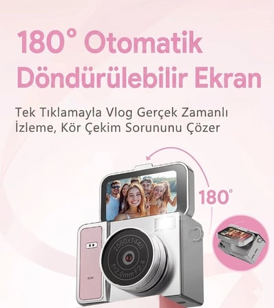 Evimdeyokyok Pembe 2K HD Mini Vlog Video Kamera 1.47 İnç Ekran 128GB Hafıza Desteği