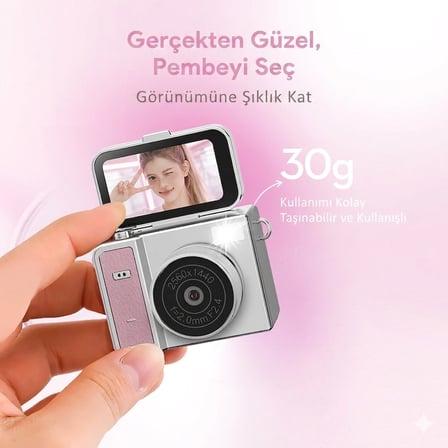 Evimdeyokyok Pembe 2K HD Mini Vlog Video Kamera 1.47 İnç Ekran 128GB Hafıza Desteği