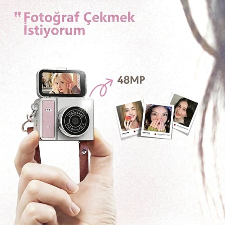 Evimdeyokyok Mini Retro Video Kamera Bej 48MP 2K HD Ekran Boyutu 2 İnç