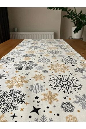 Snowy Gold Kar Tanesi Desenli Runner Krem - Siyah - Gold 40x150 cm