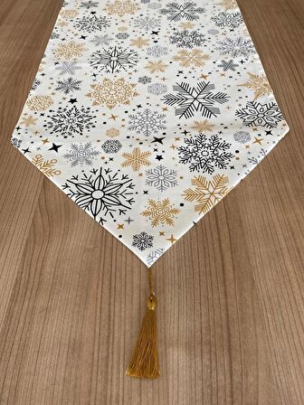 Snowy Gold Kar Tanesi Desenli Runner Krem - Siyah - Gold 40x150 cm