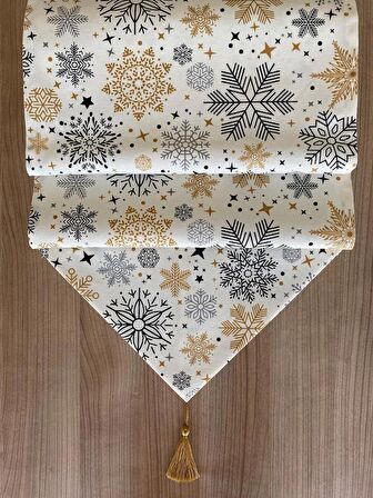 Snowy Gold Kar Tanesi Desenli Runner Krem - Siyah - Gold 40x150 cm