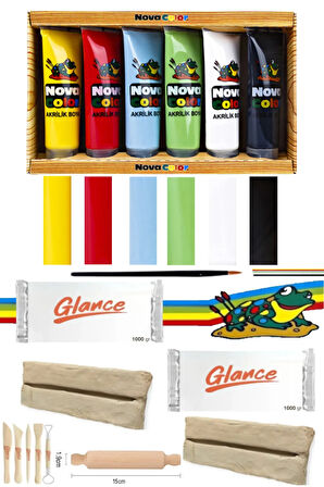 Nova Color Akrilik Boya 6*75 ml Doğal Seramik Hamuru 1000Grx2 Gr Merdane Set