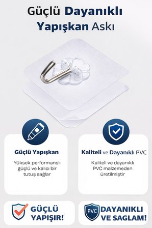 5'li Şeffaf Nano Yapışkanlı Kanca Güçlü Duvar Askısı Banyo Mutfak Kapı Askılık Seti 6 cm