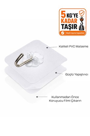 5'li Şeffaf Nano Yapışkanlı Kanca Güçlü Duvar Askısı Banyo Mutfak Kapı Askılık Seti 6 cm