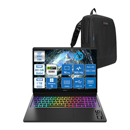 Hp Omen Max 16-AH0005NT Intel Core Ultra 9 275HX 80GB Ddr5 1tb SSD 24GB Nvıdıa RTX5090 16 Inç Full Hd+ 165Hz 3ms IPS Windows 11 Home Siyah OB92QNEAH17 + Zetta Çanta