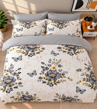 More Home Çift Kişilik Nevresim Takımı Lastikli (Çarşaflı) Botanik Bahçe Gri