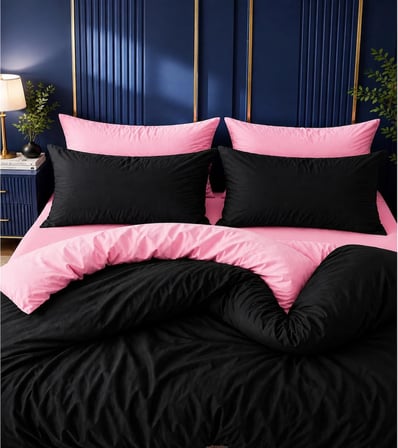 More Home Çift Kişilik Yorgan Kılıfı + Yastık Kılıfı (Çarşafsız) Siyah Pembe