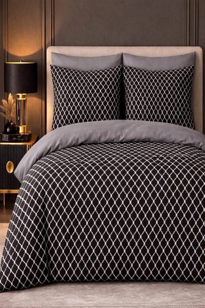More Home Tek  Kişilik Yorgan Kılıfı + Yastık Kılıfı Motif Desenli Siyah Antrasit