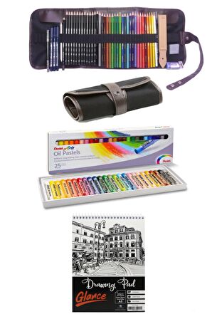 A5 Eskiz Defterli Cretacolor Dereceli Kalem Studioline Derwent Watercolour Pentel 25'li Rulo Çanta