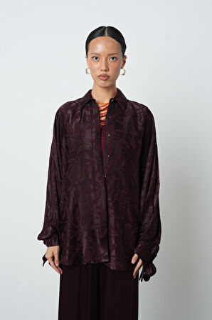 Kadın Bordo Renk Balon Kol Yaprak Desenli Oversize Gömlek