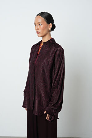 Kadın Bordo Renk Balon Kol Yaprak Desenli Oversize Gömlek