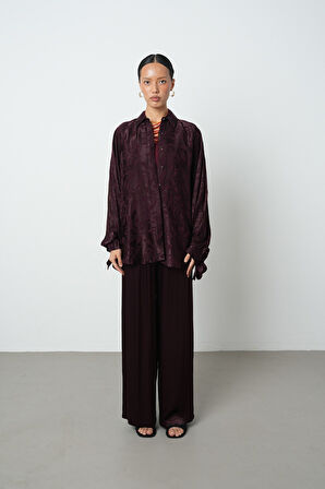 Kadın Bordo Renk Balon Kol Yaprak Desenli Oversize Gömlek