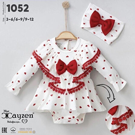 Kırmızı kalpli pamuklu bandanalı romper salopet kız bebek takım Mevlüt takımı