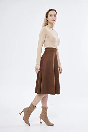 Midi boy Süet kiloş etek Vizon
