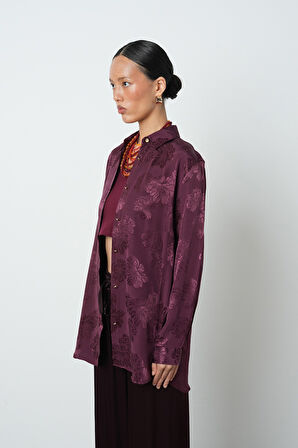 Kadın Bordo Renk Çiçek Desenli Oversize Kesim Tesettür Gömlek