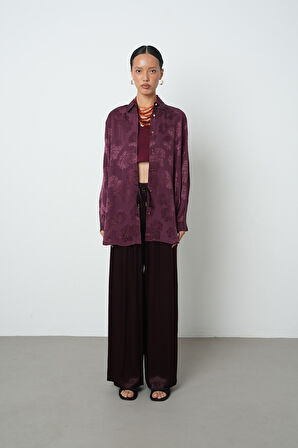 Kadın Bordo Renk Çiçek Desenli Oversize Kesim Tesettür Gömlek