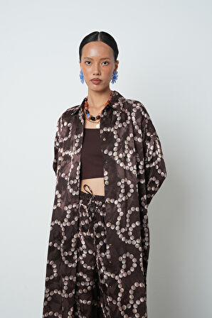 Kadın Kahverengi Desenli Uzun Tunik Tesettür Gömlek - Elbise