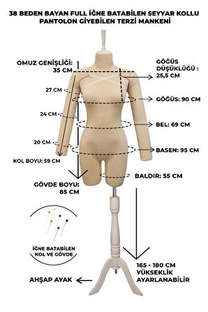 38 Beden Üst ve Alt Grup Pantolon Giyebilen Kollu İğne Batabilen Prova Mankeni Terzi Mankeni