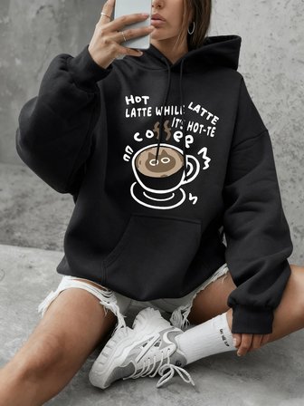 Sıcak Latte Kedi Baskılı Sweatshirtler Kadınlar İçin Günlük Bol Kapüşonlu Üstler Kışlık Polar