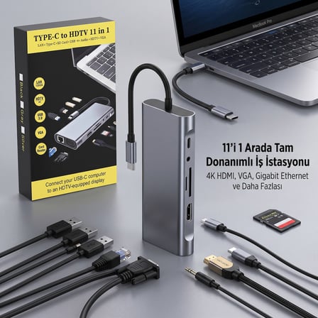 Kararlı Ticaret® 11 in 1 Type-C Çoklayıcı Hub HDMI 4K USB 3.0 SD TF Kart RJ45 Ethernet Dönüştürücü Adaptör