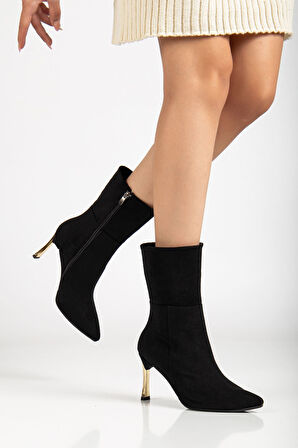 Kadın Siyah Süet Sivri Burun İnce Topuklu Bot