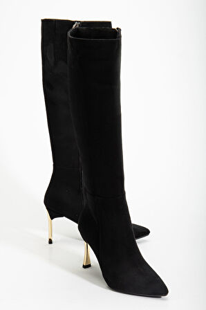 Kadın Siyah Süet Sivri Burun İnce Topuklu Çizme