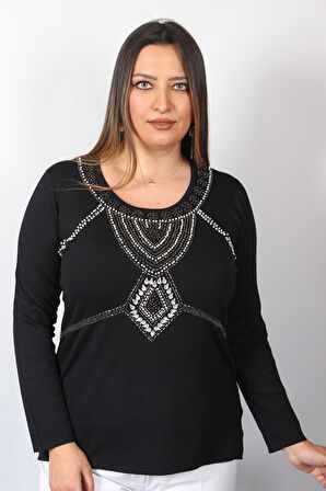 SUDE KADIN BÜYÜK BEDEN SWAROVSKİ TAŞ VE BONCUK İŞLEMELİ  İTHAL TRİKO 7215