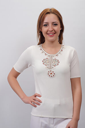 SUDE KADIN SWAROVSKİ TAŞ VE BONCUK İŞLEMELİ EL İŞİ İTHAL TRİKO 7137