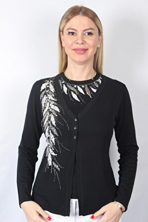 SUDE KADIN SWAROVSKİ TAŞ BONCUK İŞLEMELİ EL İŞİ İTHAL TRİKO TAKIM 7183