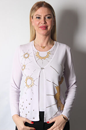 SUDE KADIN SWAROVSKİ TAŞ BONCUK İŞLEMELİ EL İŞİ İTHAL TRİKO TAKIM 7184