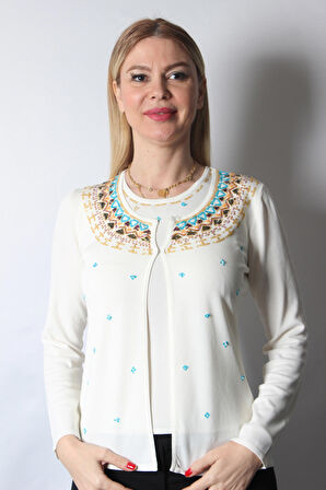 SUDE KADIN SWAROVSKİ TAŞ BONCUK İŞLEMELİ EL İŞİ İTHAL TRİKO TAKIM 7186