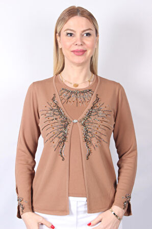 SUDE KADIN SWAROVSKİ TAŞ BONCUK İŞLEMELİ EL İŞİ İTHAL TRİKO TAKIM 7187