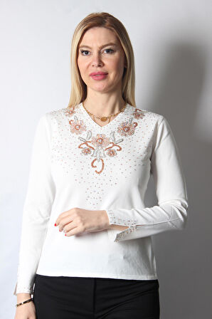 SUDE KADIN SWAROVSKİ TAŞ BONCUK İŞLEMELİ EL İŞİ İTHAL TRİKO 7157