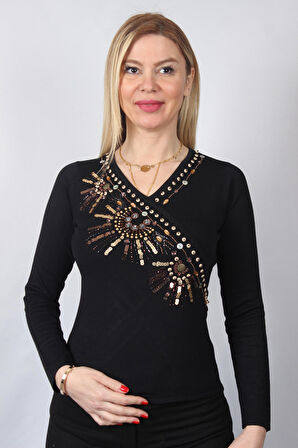 SUDE KADIN SWAROVSKİ TAŞ BONCUK İŞLEMELİ EL İŞİ İTHAL TRİKO 7168