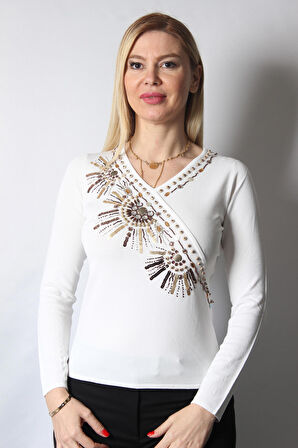 SUDE KADIN SWAROVSKİ TAŞ BONCUK İŞLEMELİ EL İŞİ İTHAL TRİKO 7168